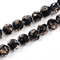 Черный Ручной золотой фольги стекло бисер нитей, круглые, чёрные, 9~11.5 мм, отверстие : 1.2~1.4 мм, около 50 шт / нитка, 19.69 дюйм (50 см)