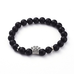 (946F)Морозный цвет внутри  Жонкиль / Непрозрачная зеленая подкладка Браслеты из натуральных бусин черного агата (окрашенных и нагретых), с европейскими бусинами из цинкового сплава и латунными проставками, собака отпечатки лап, 2-1/8 дюйм (55 мм)