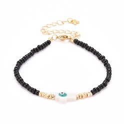 Черный Крест со сглазом браслеты из бисера, со стеклянным семенем, латунью и бусинами из натуральных пресноводных ракушек, 304 застежки-клешни и брелоки из нержавеющей стали., чёрные, 7-1/4 дюйм (18.5 см)