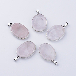 Розовый Кварц Подвески из натурального розового кварца, с латунной фурнитурой , овальные, платина, 40x26~27x5~6 мм, отверстие : 6x3 мм