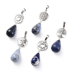 Содалитовое Чакра ювелирные изделия йога, природные подвески содалитом, латунная фурнитура с платиновым покрытием, слеза и голос / символ ом / древо жизни / цветок жизни / звезда давида, 42~45 мм, отверстие : 8x5 мм