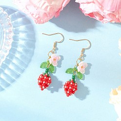 Красный Цветок 304 нержавеющая сталь стеклянные бусины подвесные серьги, с перламутровыми стеклянными жемчужинами, окрашенными в технике выпекания, и прозрачными акриловыми подвесками, золотые, красные, 56x13.5 мм