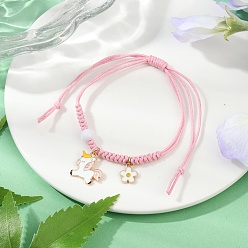 Pink Браслеты с подвесками из сплава с эмалью в виде цветов и единорогов, Браслеты из плетеных бусин из вощеного хлопкового шнура для женщин, с акриловым шарик, золотые, розовые, внутренний диаметр: 3/4~3-7/8 дюйм (2~9.7 см)