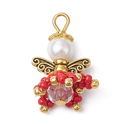 Красный Подвески из нейлоновой проволоки, стеклянные бусины ручной работы с бусинами из сплава и стеклянными жемчужными бусинами, ангел, красные, 23x14~16x13~15 мм, отверстие : 3.5x3 мм