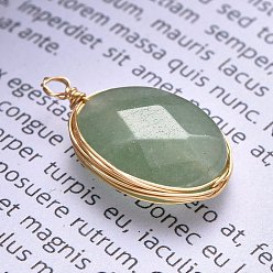 Green Aventurine Natural Green Aventurine Pendants, Wire Wrapped Pendants, with Light Gold Plated Eco-Friendly Copper Wire, Faceted, Oval, 21~24x13~14x6~6.5mm, Hole: 1.5~2.5mm
