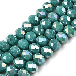 Светлый Морско-зеленый Стеклянные бусины с гальваническим покрытием , непрозрачный сплошной цвет, с покрытием AB цвета, граненые, рондель, светло-зеленый, 8x6 мм, отверстие : 1 мм, около 60~62 шт / нитка, 39~40 см