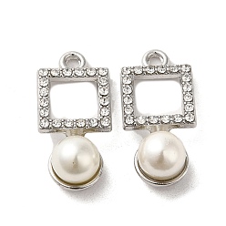 Platinum Alloy with Rhinestone Pendants, with ABS Imitation Pearl, Square Charms, Platinum, 25x12x9mm, Hole: 2mm