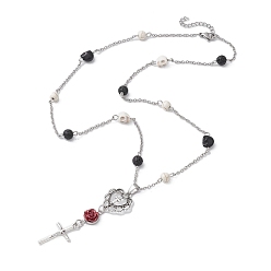 Античное Серебро Колье с черепом и круглыми бусинами из синтетической бирюзы и натуральных лавовых камней, колье с подвеской Heart & Ross & Cross из нержавеющей стали, античное серебро, 21.93 дюйм (55.7 см)