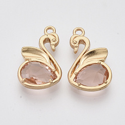 Light Gold Eco-Friendly Alloy Pendants, with Faceted Glass, Nickel Free, Swan, Light Coral, Light Gold, 20x12.5x4mm, Hole: 1.5mm