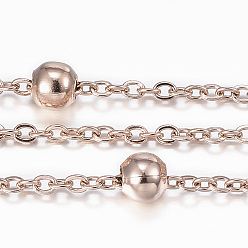 Розовое Золото Ионное покрытие (ip) 304 кабельные цепи из нержавеющей стали, спутниковые сети, со стальными круглыми бусинками, пайки, с катушкой, Плоско-овальные, розовое золото , 2x1.5x0.2 мм, около 65.61 футов (20 м) / рулон