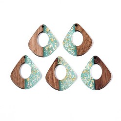 Средний Бирюзовый Подвески из непрозрачной смолы и орехового дерева, слезинки, с блестящей пудрой и золотой фольгой, средне бирюзовый, 32.5x27.5x3 мм, отверстие : 2 мм