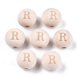 Letter R Unfinished Natural Wood European Beads, Large Hole Beads, Laser Engraved Pattern, Round with Word, Letter.R, 15~16x14~15mm, Hole: 4mm