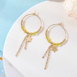 Золотистый Серьги-кольца из стекла в форме звезды, с латунным кабельных цепей, золотые, золотые, 64.5x26.5 мм