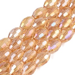Sandy Brown Electroplate Transparent Glass Beads Strands, Rice, AB Color Plated, Faceted, Sandy Brown, 8~8.5x5.5~6mm, Hole: 1~1.2mm, about 67~68pcs/strand, 21.46~22.24 inch(54.5~56.5cm)