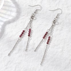 Гранат Круглые 304 серьги-подвески из нержавеющей стали с натуральным гранатом, с кабельными цепями и латунными крючками для сережек, цвет нержавеющей стали, цвет нержавеющей стали, 94.5 мм