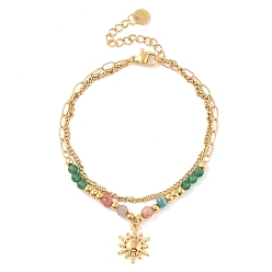 Настоящее золото 18K Натуральный нефрит 304 нержавеющая сталь двухслойные многорядные браслеты, браслеты с солнечными подвесками для женщин, реальный 18 k позолоченный, 6-3/4 дюйм (17.1 см)