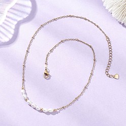 Золотой Подвеска из натурального жемчуга и рисовых бусин 304 Женские ожерелья из нержавеющей стали с цепочкой-спутником, белые, золотые, 14.96 дюйм (38 см)