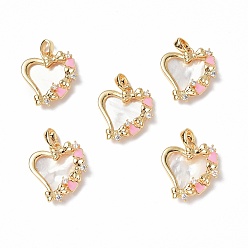 Настоящее золото 18K Подвески из раковины, с фурнитурой из латуни, эмали и стекла, асимметричное сердце с подвеской в виде банта, реальный 18 k позолоченный, 19x18x4.5 мм, отверстие : 5x2 мм