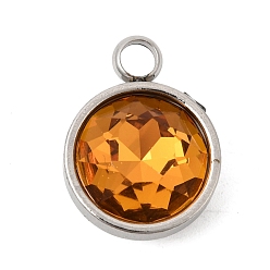 Оранжевый Тема камней-талисманов ноября 304 подвески из нержавеющей стали, плоский круглый шарм, с k 9 стеклом, полировка, граненые, оранжевые, 16x12x7.3 мм, отверстие : 2.6 мм