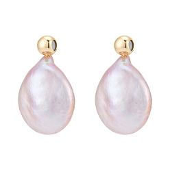 Rose Nacré Pendentifs de perles d'eau douce naturelles, Breloques rondes plates en perle Keshi avec bélières en laiton, or, perle rose, 21x13x6mm, Trou: 1mm