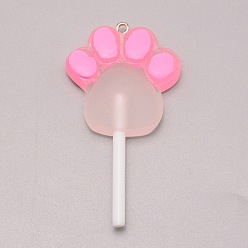 Pearl Pink Resin Pendants, with Iron Loop, Imitation Candy, Cat Paw Lollipop, Pearl Pink, 62x32.5x9mm, Hole: 2mm