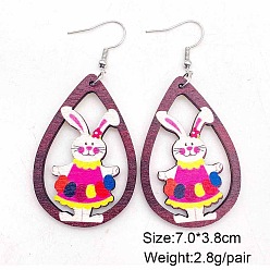 Разноцветный Пасхальные деревянные серьги-подвески, слеза с кроликом, платина, красочный, 70x38 мм