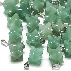 Зеленый Авантюрин Естественный зеленый авантюрин подвески, с защелкой из нержавеющей стали на поручнях, Звезда Меркабы, 21~23x16~17x16~17 мм, отверстие : 6x4 мм