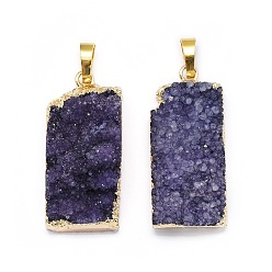 Golden Electroplated Natural Druzy Quartz Pendants, with Brass Findings, Dyed, Rectangle, Purple, Golden, 34.5~36x15~16x5~12mm, Hole: 8x5mm