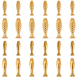 Настоящее золото 18K 24 шт 4 стили 304 бусины из нержавеющей стали, рыба, реальный 18 k позолоченный, 14~20.5x4~6.5x4~5.5 мм, отверстие : 0.9~1 мм, 6 шт / стиль