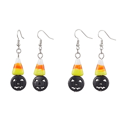 Colorful Halloween Candy Corn Handmade Lampwork Dangle Earrings, Black Pumpkin Synthetic Turquoise Brass Jewelry for Women, Platinum, Colorful, 58x15mm