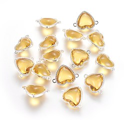Золотистый Соединители стеклянные ссылки, с элементами из экологически чистого сплава, сердце, серебряный цвет гальваническим, золотые, 14x18.5x7 мм, отверстие : 1.2 мм