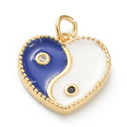 Королевский синий Латунные микро проложить кубического циркония подвески, с эмалью, долговечный, реальный 18 k позолоченный, сердце с Инь Ян, королевский синий, 15x15x2.5 мм, отверстие : 3 мм
