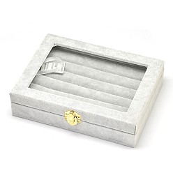 Light Grey Wooden Rectangle Ring Boxes, Covered with Velvet, with Glass and Iron Clasps, Light Grey, 20.2x15.1x4.9cm