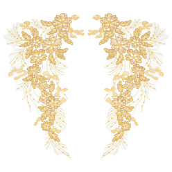 Золотистый 2шт 3d цветок полиэстер вышивка кружево орнамент аксессуары, аппликации из пайеток/пайеток, золотые, 426x235x1.5 мм