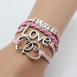 Pink Многорядные браслеты из искусственной кожи и пенькового шнура, сплав любовь и сердце подвески браслеты для женщин, розовые, 6-1/4~7-1/8 дюйм (16~18 см)