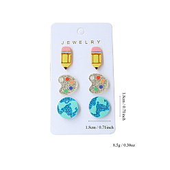 (52) Непрозрачная лаванда 3 пары акриловых сережек-гвоздиков в стиле «возвращаемся в школу», земля, ручка и палитра, разноцветные, 18 мм