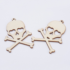 Blanched Almond Undyed Wood Big Pendants, Skull with Bone, Blanched Almond, 64x47x2.5mm, Hole: 2mm