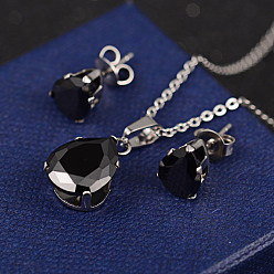 Черный "слезинка" 304 ожерелья и серьги-гвоздики из нержавеющей стали с кубическим цирконием, чёрные, 17.7 дюйм, 9x7x6 мм, контактный: 0.8 mm