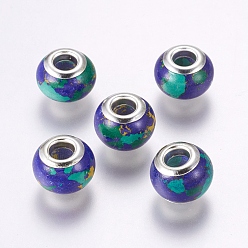 Dunkel schieferblau Synthetischen Türkis europäischen Perlen, Großloch perlen, mit Messing-Zubehör, Rondell, Silberfarbe überzogen, dunkelblau, 12~13x9~10 mm, Bohrung: 5 mm