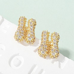 Letter H Латунные микро проложить серьги стержня кубического циркония, стойки покрытие, долговечный, реальный 18 k позолоченный, Письмо ч, 13x10.5 мм