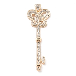Настоящее золото 18K Латунные микропаве прозрачные подвески с фианитом, без кадмия, без никеля и без свинца, ключ и бабочка, реальный 18 k позолоченный, 51x18x2.5 мм, отверстие : 2.5x3 мм