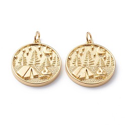 Настоящее золото 18K Латунные подвески, с прыжковых колец, долговечный, походные талисманы, плоский круглый с палаткой, луной, деревом и огнем, реальный 18 k позолоченный, 22x20x3 мм