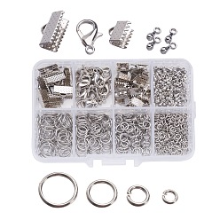 Platinum 1Box Jewelry Findings 20PCS Alloy Lobster Claw Clasps, 45PCS Iron Ribbon Ends, 40g Brass Jump Rings, 10g Alloy Teardrop End Pieces, Nickel Free, Platinum, Lobster Clasps: 14x8mm, Hole: 1.8mm, Ribbon Ends: 8~13x6~7x5mm, Hole: 2mm, Jump Rings: 4~10mm, End Piece: 7x2.5mm, Hole: 1.5mm