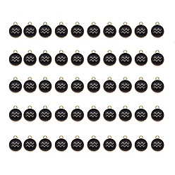 Aquarius Alloy Enamel Pendants, Flat Round with Constellation, Light Gold, Black, Aquarius, 15x12x2mm, Hole: 1.5mm, 50pcs/Box