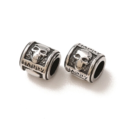 Skull 316 cuentas europeas quirúrgicas de acero inoxidable, abalorios de grande agujero, columna con palabra feliz, plata antigua, cráneo, 9x8~8.5 mm, agujero: 5 mm