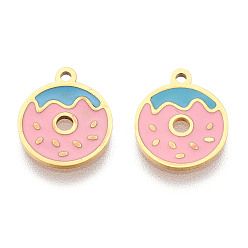 Pink 304 из нержавеющей стали шармы эмали, пончик очарование, ионное покрытие (ip), реальный 14 k позолоченный, розовые, 12x10x0.9 мм, отверстие : 1 мм