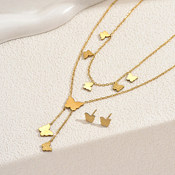 Золотой Комплект из двухслойного ожерелья и серег-гвоздиков из нержавеющей стали во французском стиле для женщин, золотые, ожерелья: 390 мм; серьга: 6.5x8мм