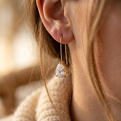 Teardrop 304 Pendientes colgantes de acero inoxidable con circonitas cúbicas para mujer, dorado, lágrima, 30x7.2 mm