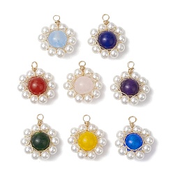 Light Gold Подвески из натурального малайзийского нефрита, обвитого медной проволокой, подвески-цветы с пластиковыми жемчужинами, разноцветные, золотой свет, 20x17x8 мм, отверстие : 2 мм