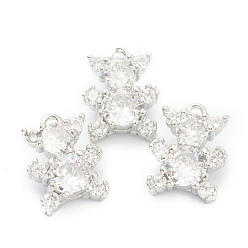 Платина Латуни циркония кубической подвески, медведь, Реальная платина, 12.5x10x6 мм, отверстие : 1.6 мм